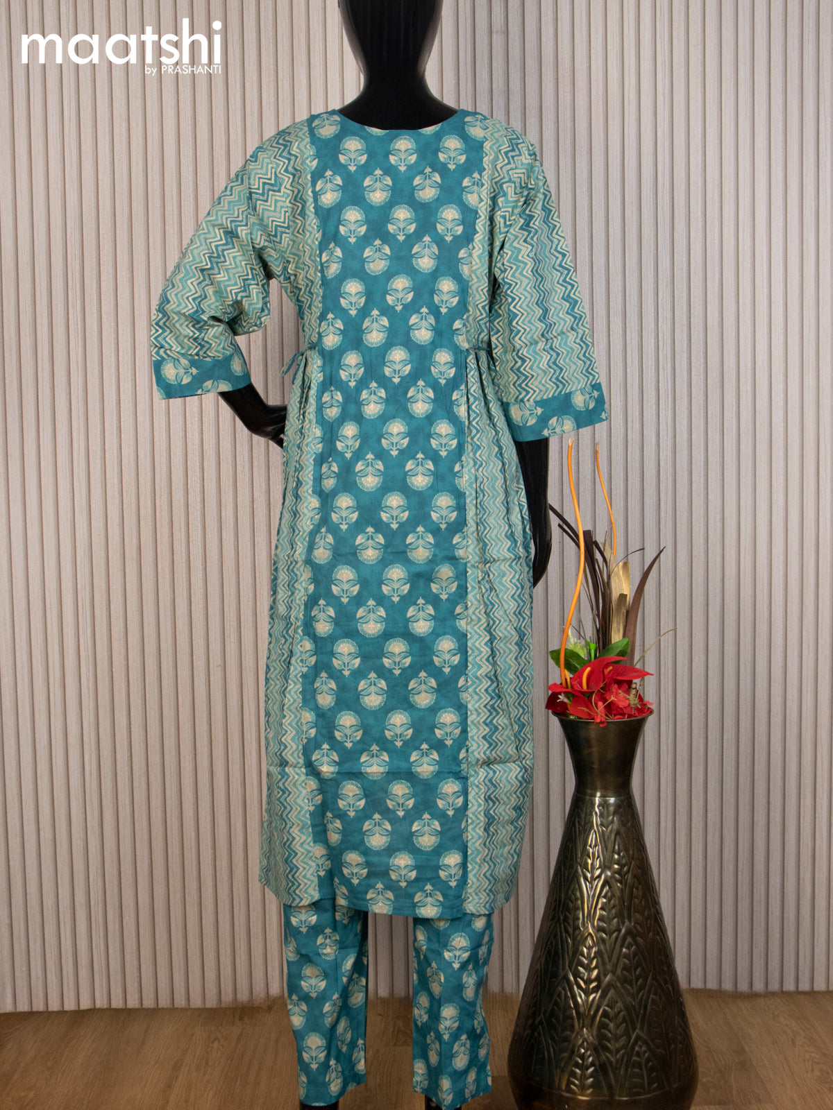 Cotton readymade salwar suit teal blue shade and grey shade with allover prints & kantha stitch work neck pattern and straight cut pant & cotton dupatta