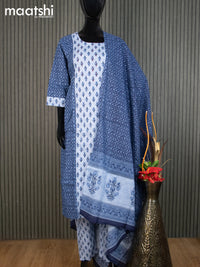 Cotton readymade salwar suit blue shade and navy blue with allover prints & kantha stitch work neck pattern and straight cut pant & cotton dupatta