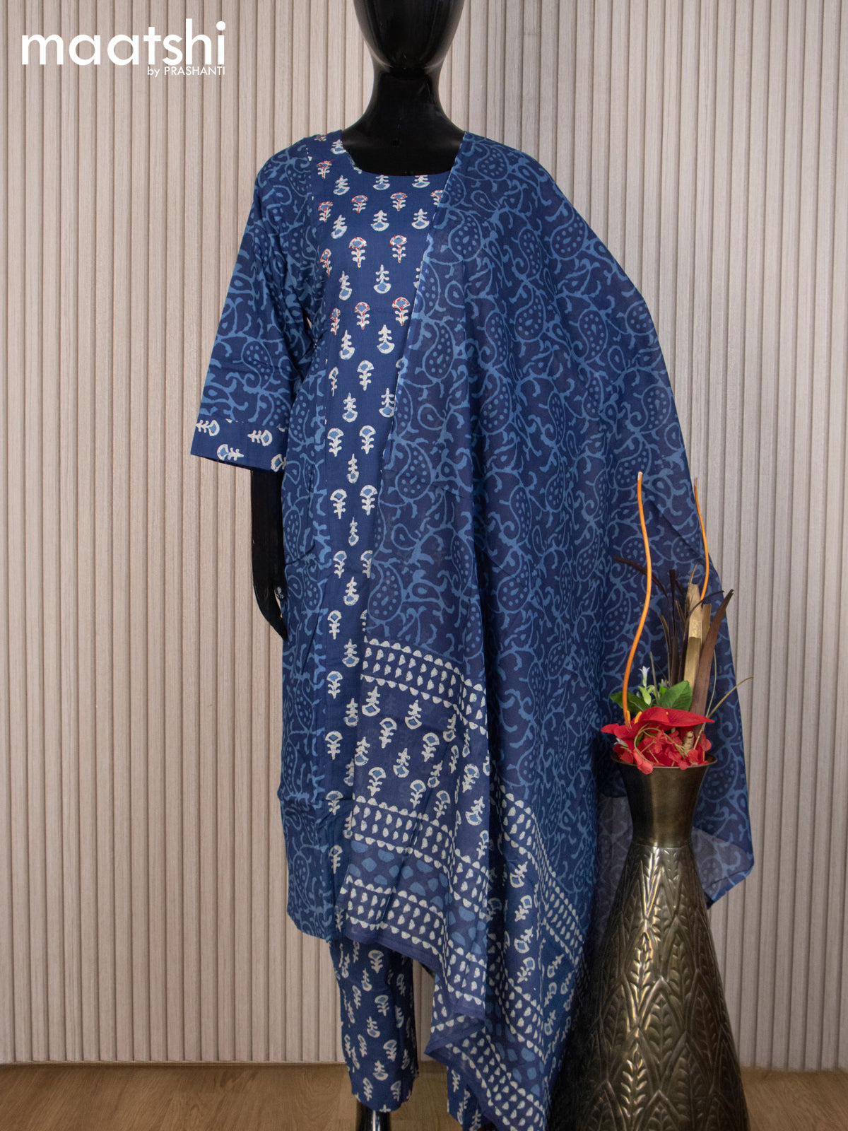 Cotton readymade salwar suit indigo blue with allover batik butta prints & kantha stitch work neck and straight cut pant & cotton dupatta