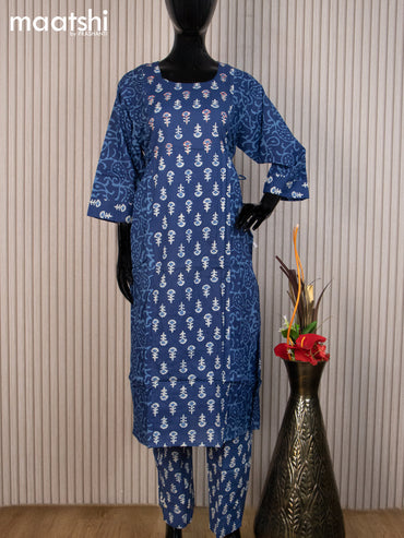 Cotton readymade salwar suit indigo blue with allover batik butta prints & kantha stitch work neck and straight cut pant & cotton dupatta