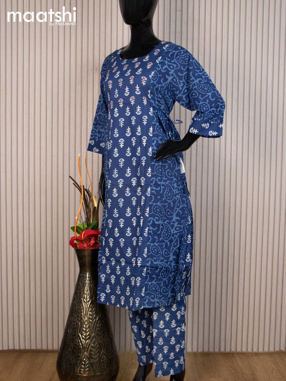 Cotton readymade salwar suit indigo blue with allover batik butta prints & kantha stitch work neck and straight cut pant & cotton dupatta