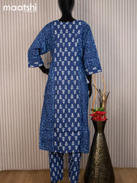 Cotton readymade salwar suit indigo blue with allover batik butta prints & kantha stitch work neck and straight cut pant & cotton dupatta