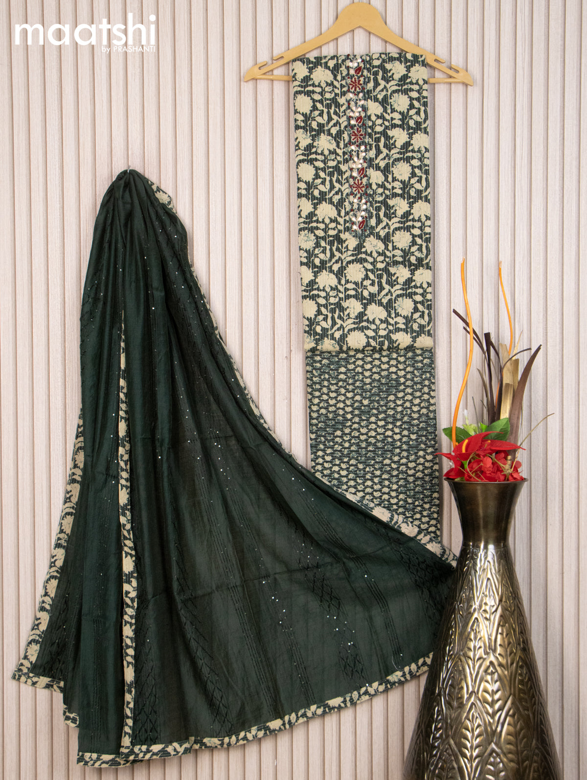 Cotton dress material bottle green and cream with allover prints thread weaves & embroidery work neck pattern and bottom & sequin embroidery work dupatta