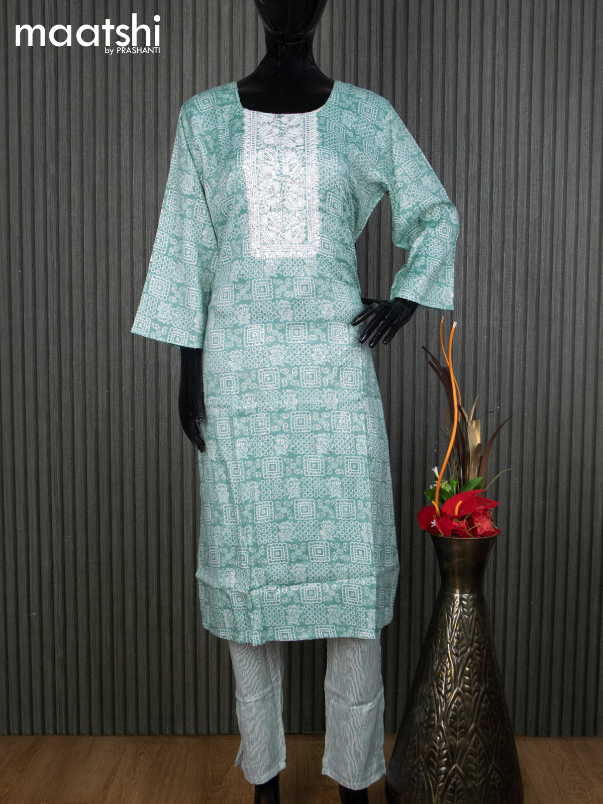 Rayon readymade kurti set teal green and off white with allover prints & embroidery sequin work neck pattern and straight cut pant