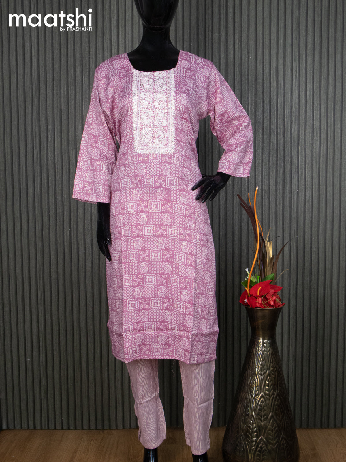 Rayon readymade kurti set mauve pink and off white with allover prints & embroidery sequin work neck pattern and straight cut pant