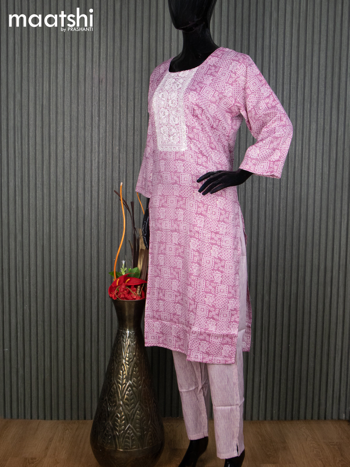 Rayon readymade kurti set mauve pink and off white with allover prints & embroidery sequin work neck pattern and straight cut pant