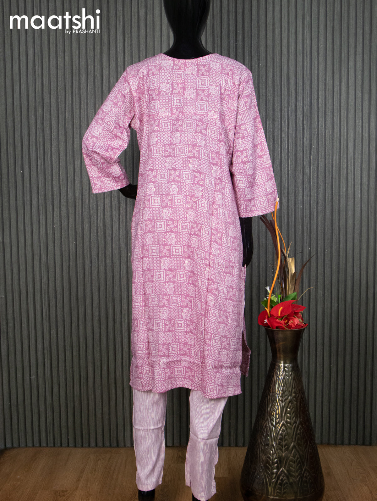 Rayon readymade kurti set mauve pink and off white with allover prints & embroidery sequin work neck pattern and straight cut pant