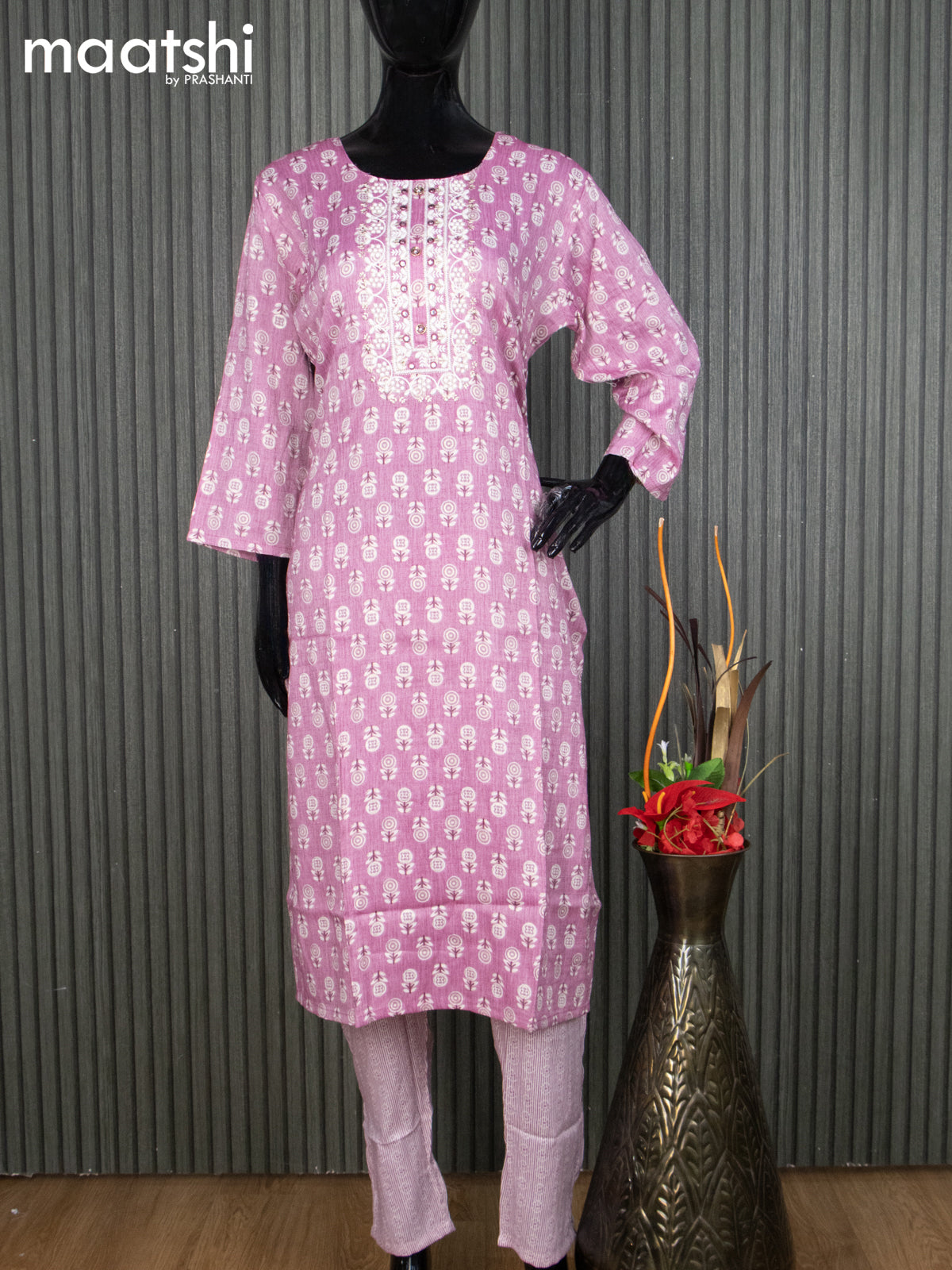 Rayon readymade kurti set mauve pink and off white with allover butta prints & embroidery work neck pattern and straight cut pant