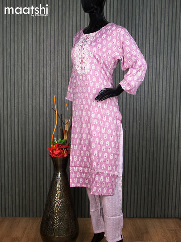 Rayon readymade kurti set mauve pink and off white with allover butta prints & embroidery work neck pattern and straight cut pant