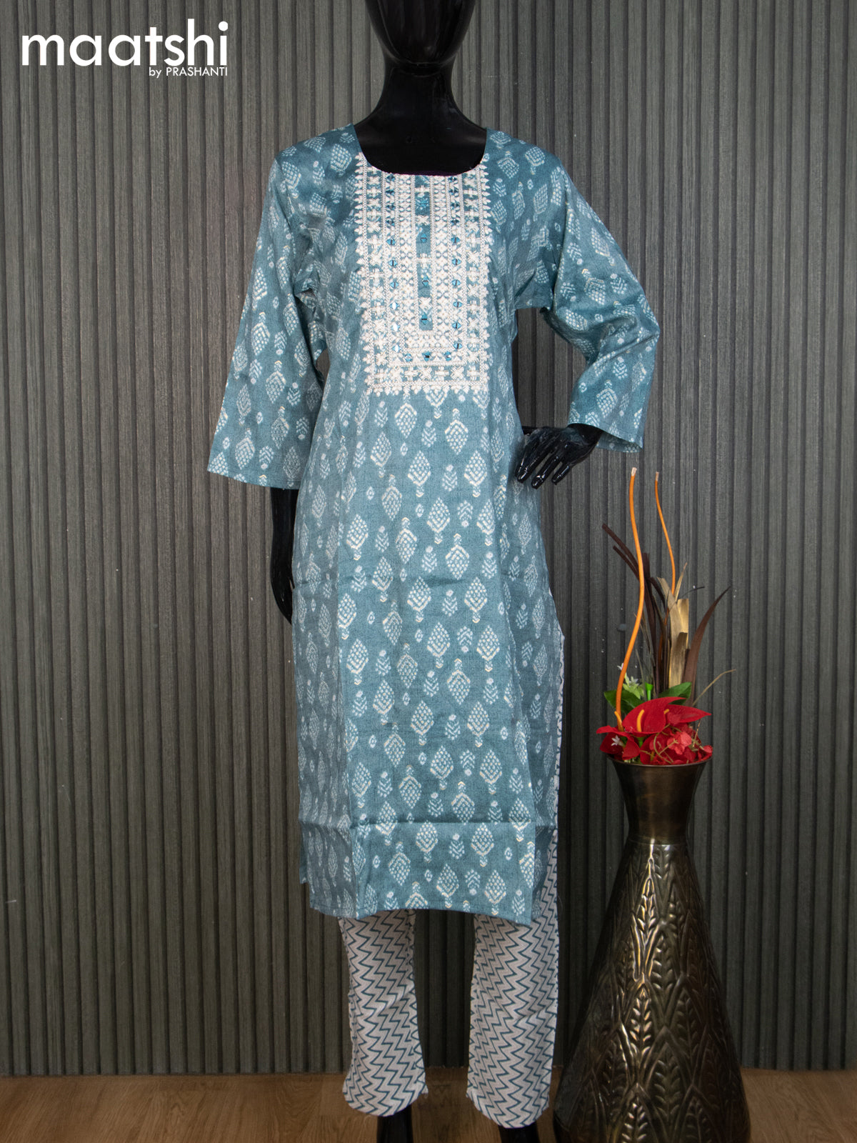 Rayon readymade kurti set teal blue and off white with allover butta prints & embroidery mirror work neck pattern and straight cut pant