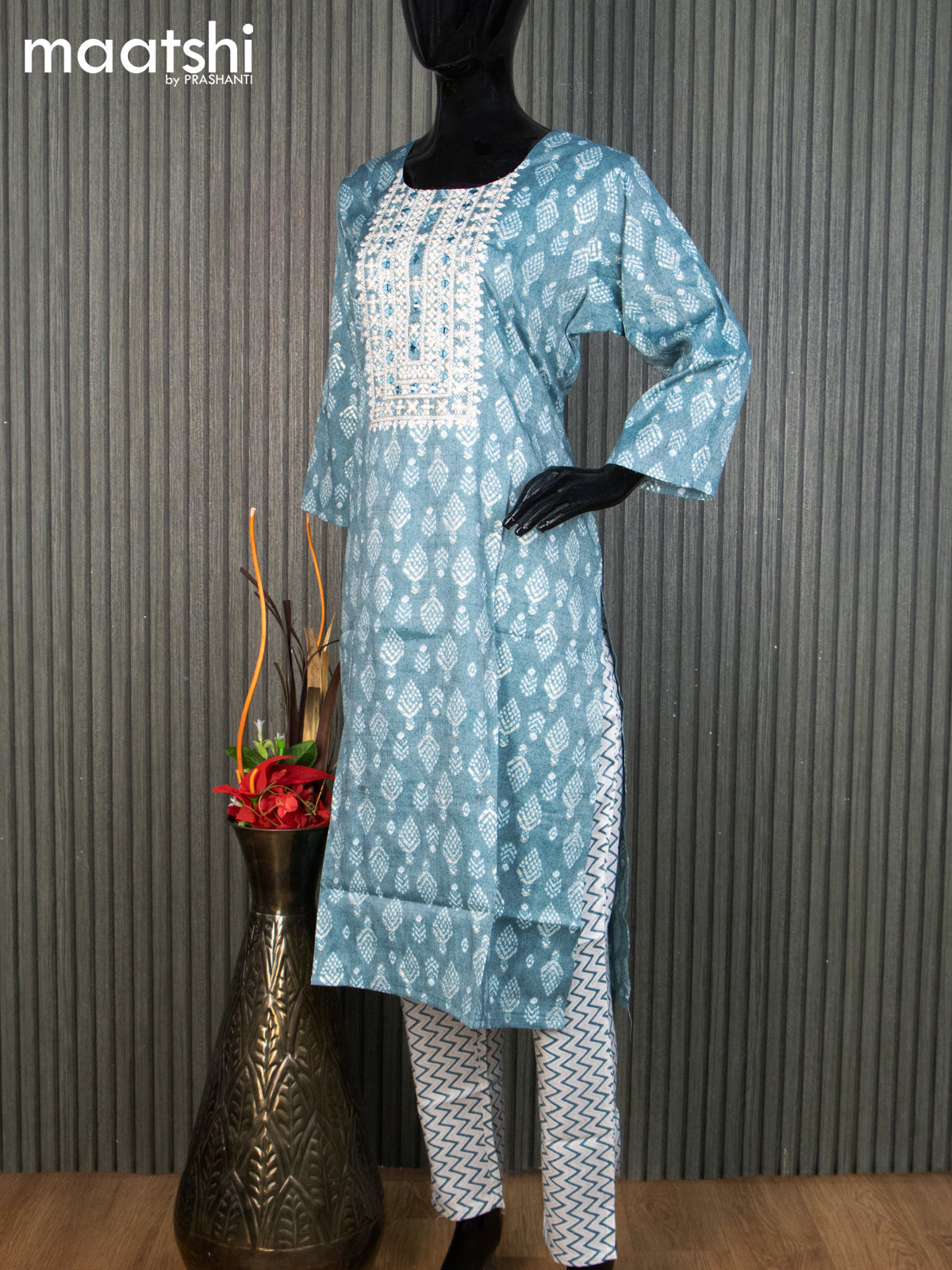 Rayon readymade kurti set teal blue and off white with allover butta prints & embroidery mirror work neck pattern and straight cut pant