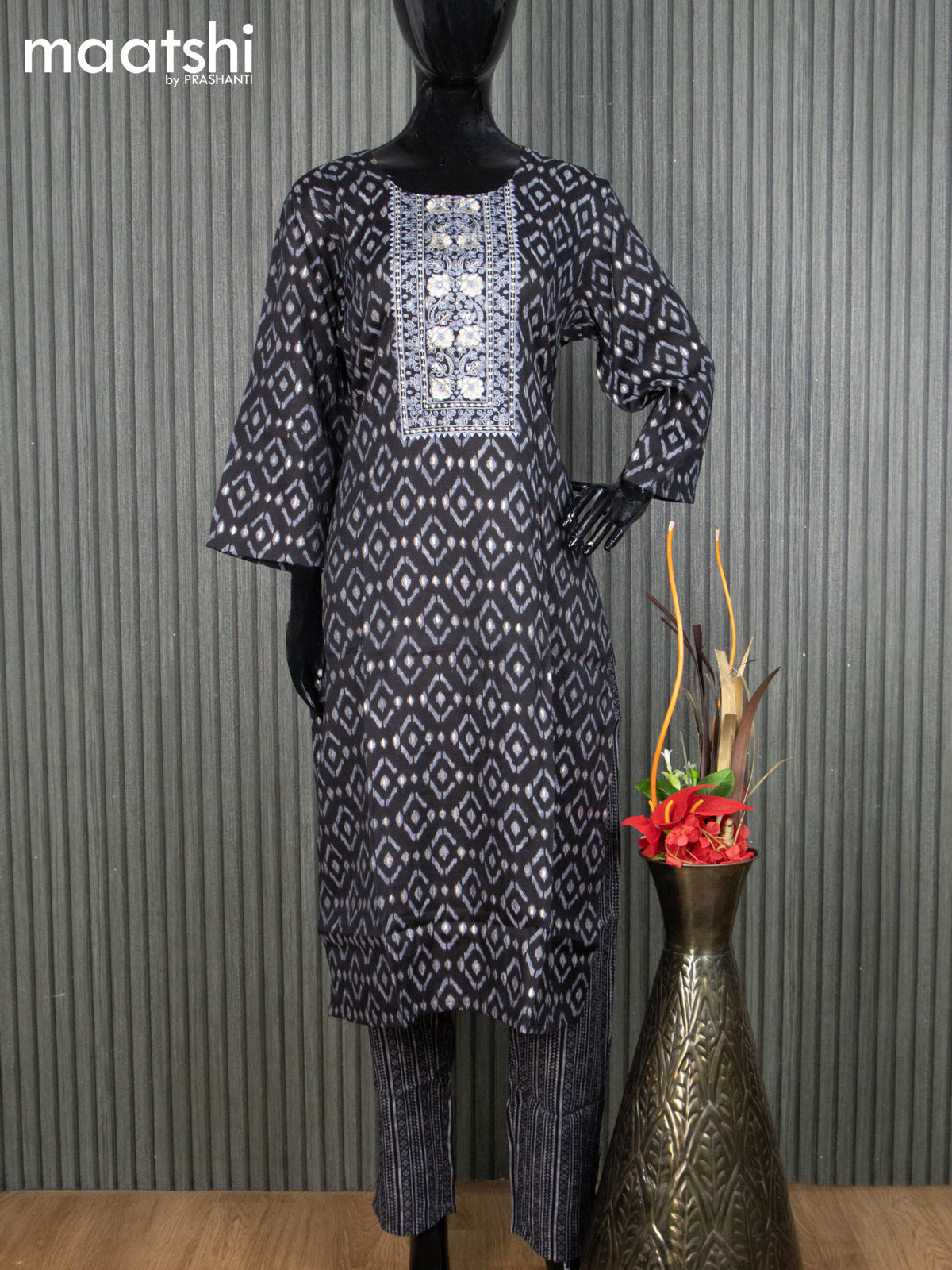 Rayon readymade kurti set black and grey with allover ikat prints & embroidery sequin work neck pattern and straight cut pant