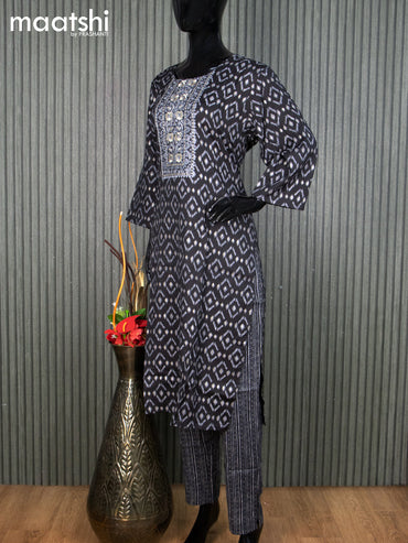 Rayon readymade kurti set black and grey with allover ikat prints & embroidery sequin work neck pattern and straight cut pant