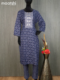 Rayon readymade kurti set navy blue and grey with allover ikat prints & embroidery sequin work neck pattern and straight cut pant