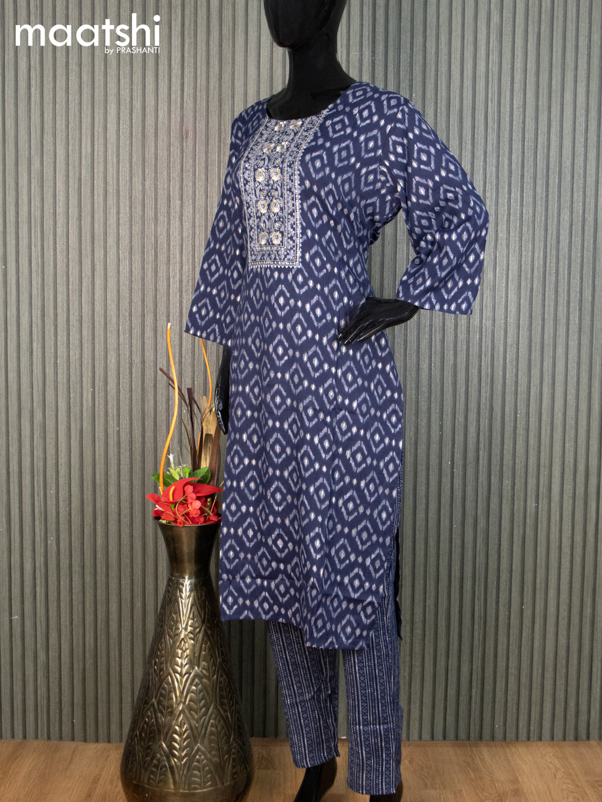 Rayon readymade kurti set navy blue and grey with allover ikat prints & embroidery sequin work neck pattern and straight cut pant