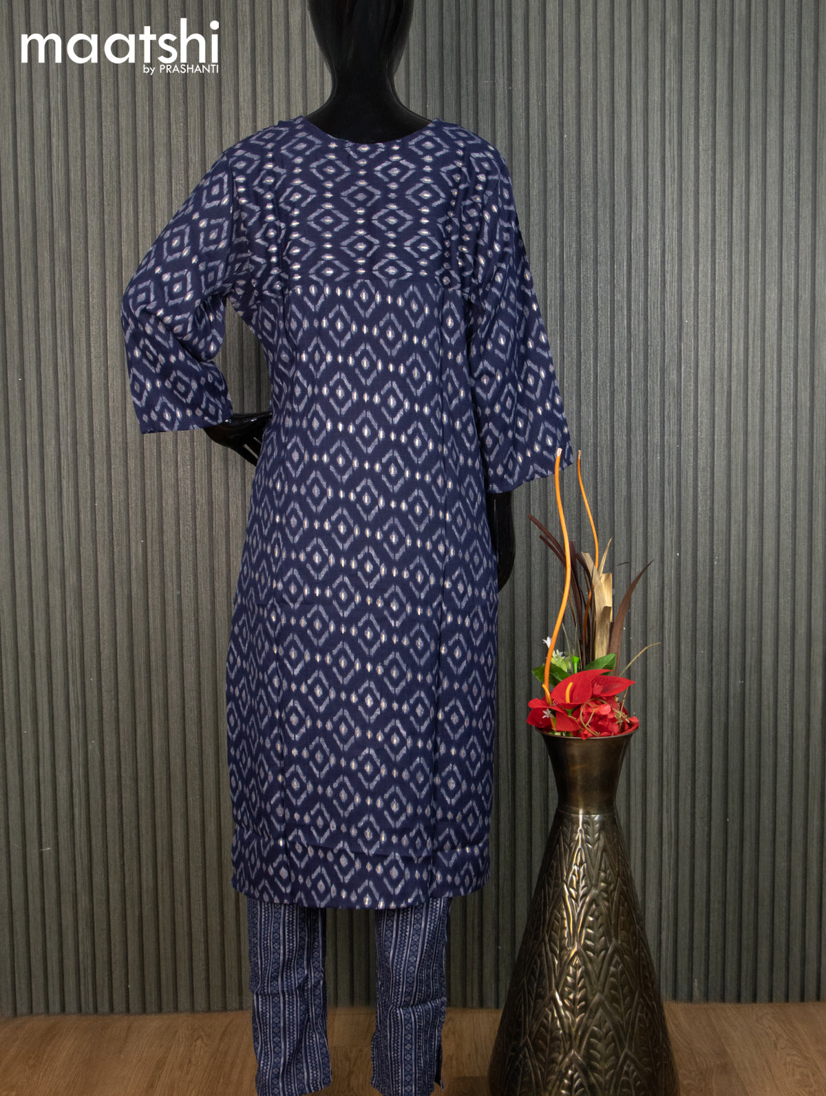 Rayon readymade kurti set navy blue and grey with allover ikat prints & embroidery sequin work neck pattern and straight cut pant