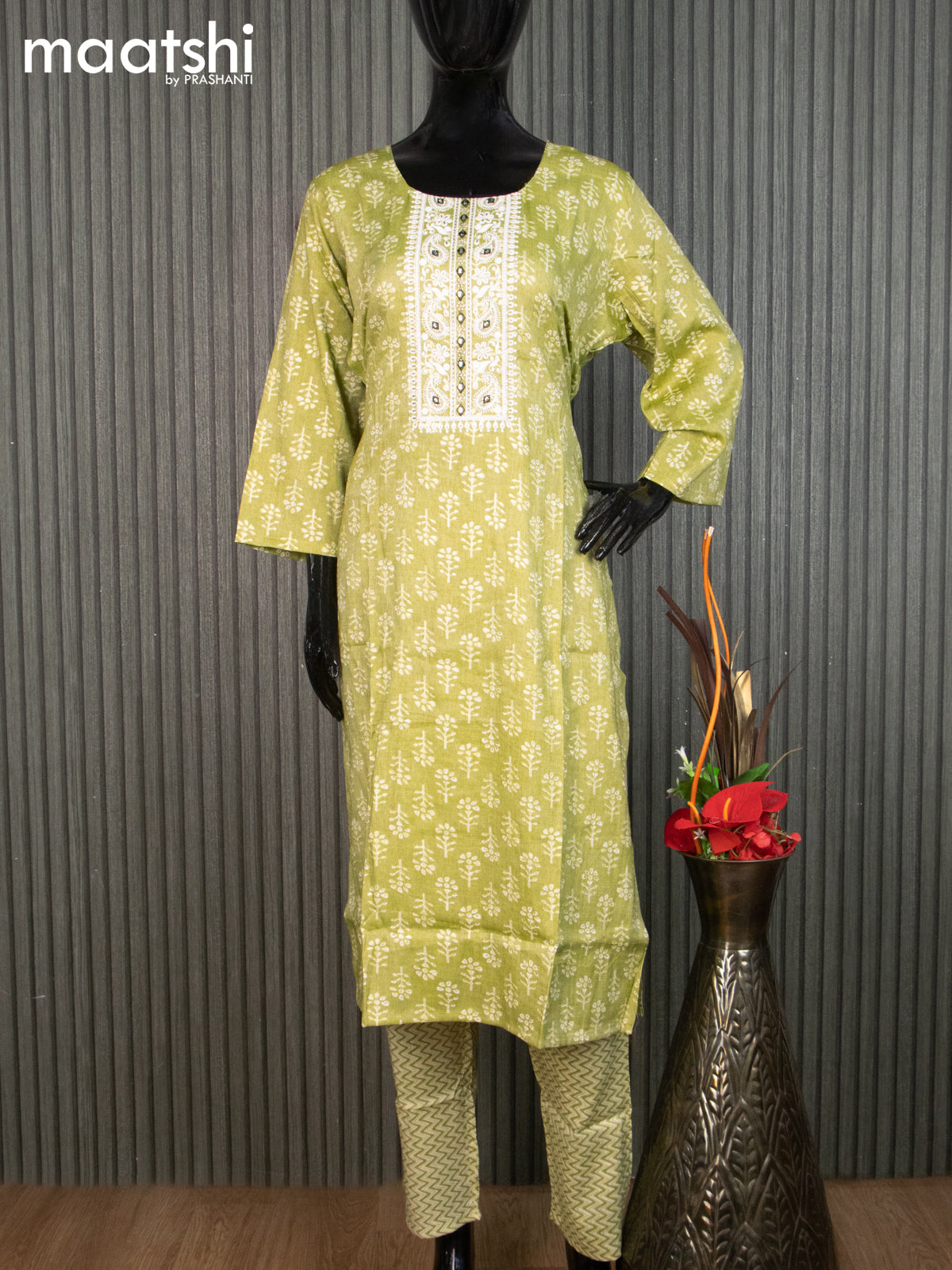 Rayon readymade kurti set light green and off white with allover prints & embroidery work neck pattern and straight cut pant