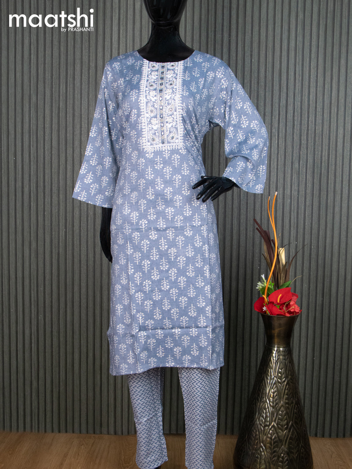 Rayon readymade kurti set grey and off white with allover prints & embroidery work neck pattern and straight cut pant