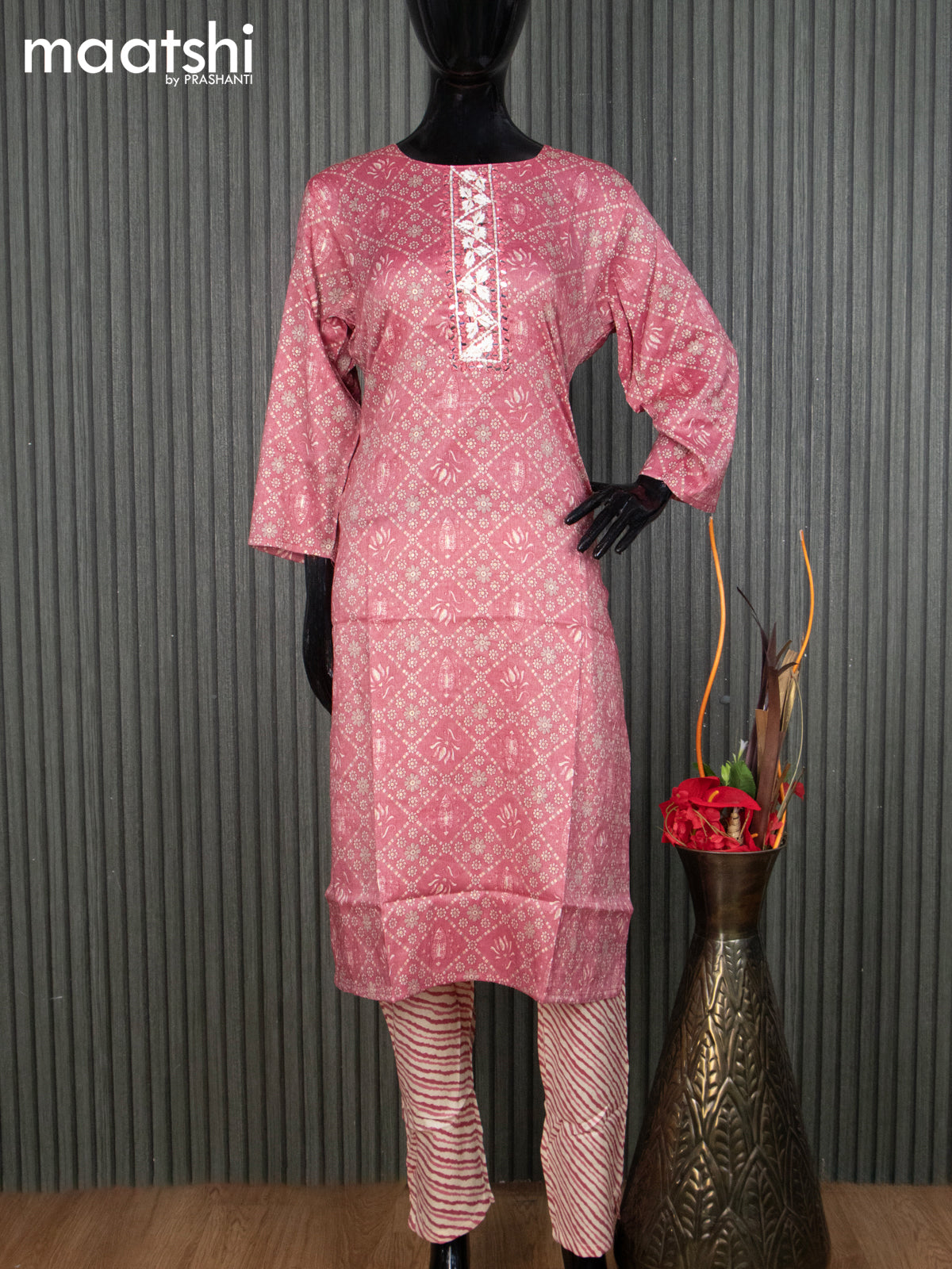 Rayon readymade kurti set pink shade and cream with allover floral prints & embroidery mirror work neck pattern and straight cut pant