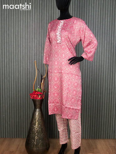 Rayon readymade kurti set pink shade and cream with allover floral prints & embroidery mirror work neck pattern and straight cut pant