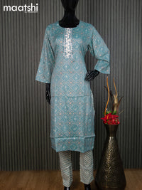 Rayon readymade kurti set teal blue and cream with allover floral prints & embroidery mirror work neck pattern and straight cut pant