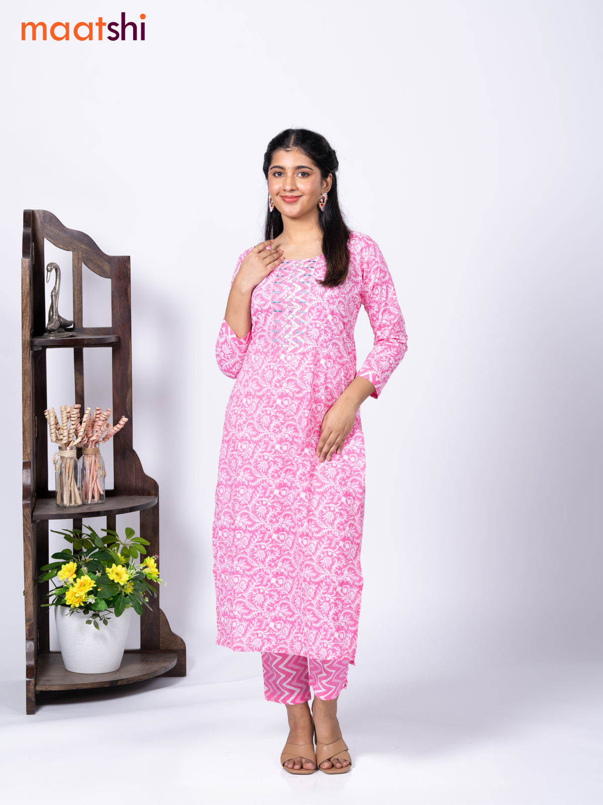 Cotton readymade kurti set pink and off white with allover floral prints & embroidery mirror work neck pattern and straight cut pant