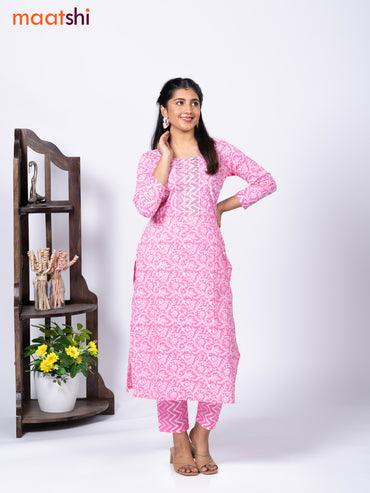 Cotton readymade kurti set pink and off white with allover floral prints & embroidery mirror work neck pattern and straight cut pant