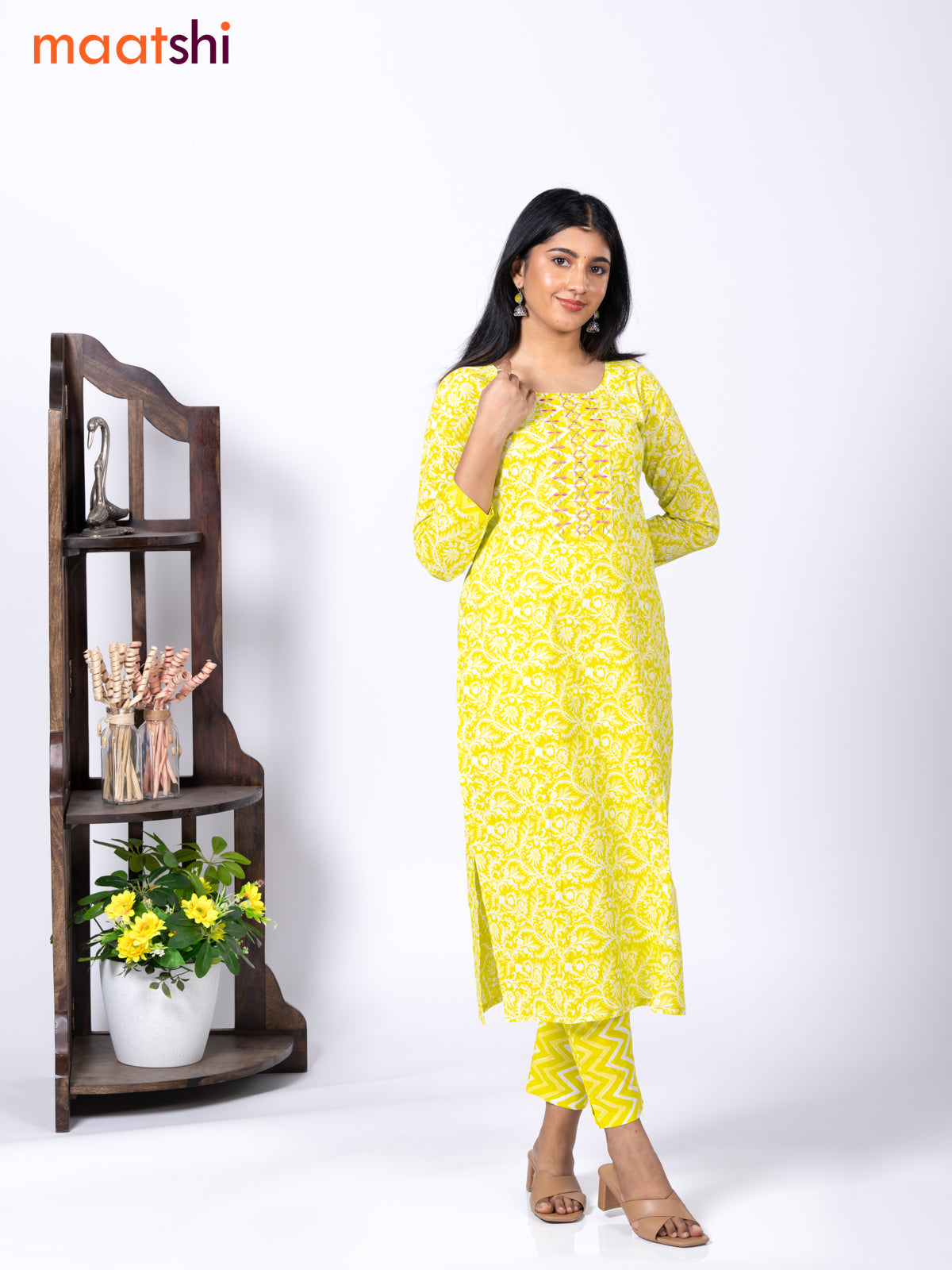 Cotton readymade kurti set fluorescent green and off white with allover floral prints & embroidery mirror work neck pattern and straight cut pant