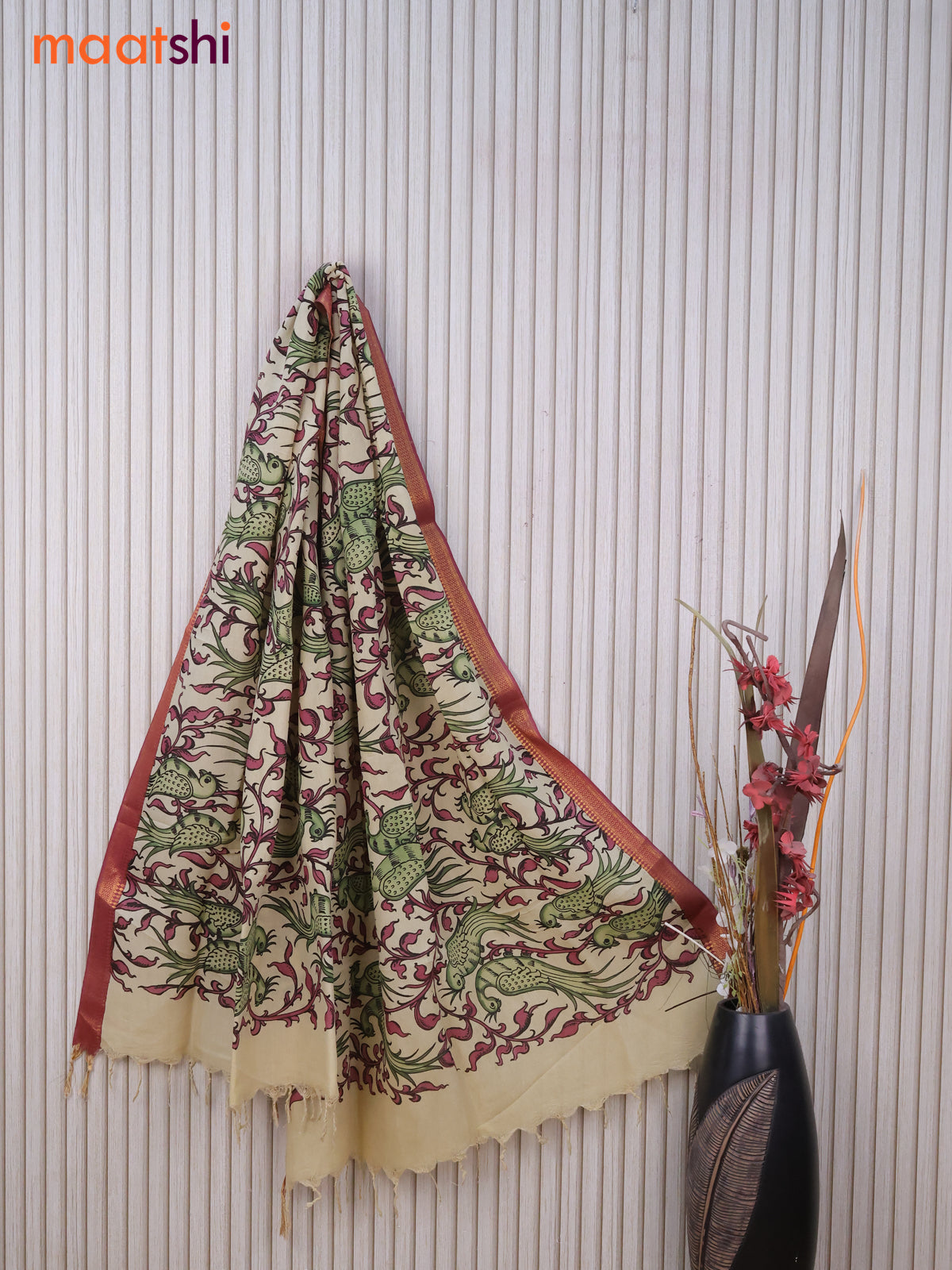 Silk pen kalamkari dupatta cream green and maroon shade with allover kalamkari prints and zari border