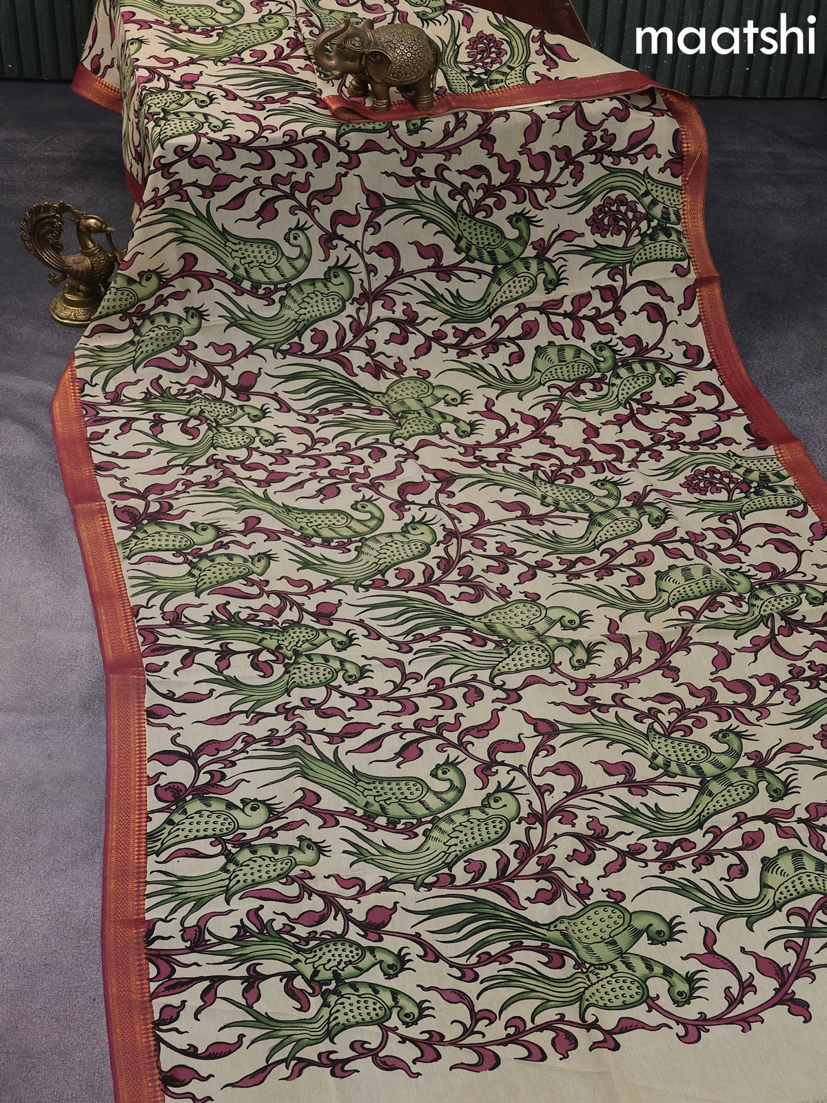 Silk pen kalamkari dupatta cream green and maroon shade with allover kalamkari prints and zari border