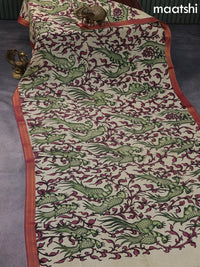 Silk pen kalamkari dupatta cream green and maroon shade with allover kalamkari prints and zari border