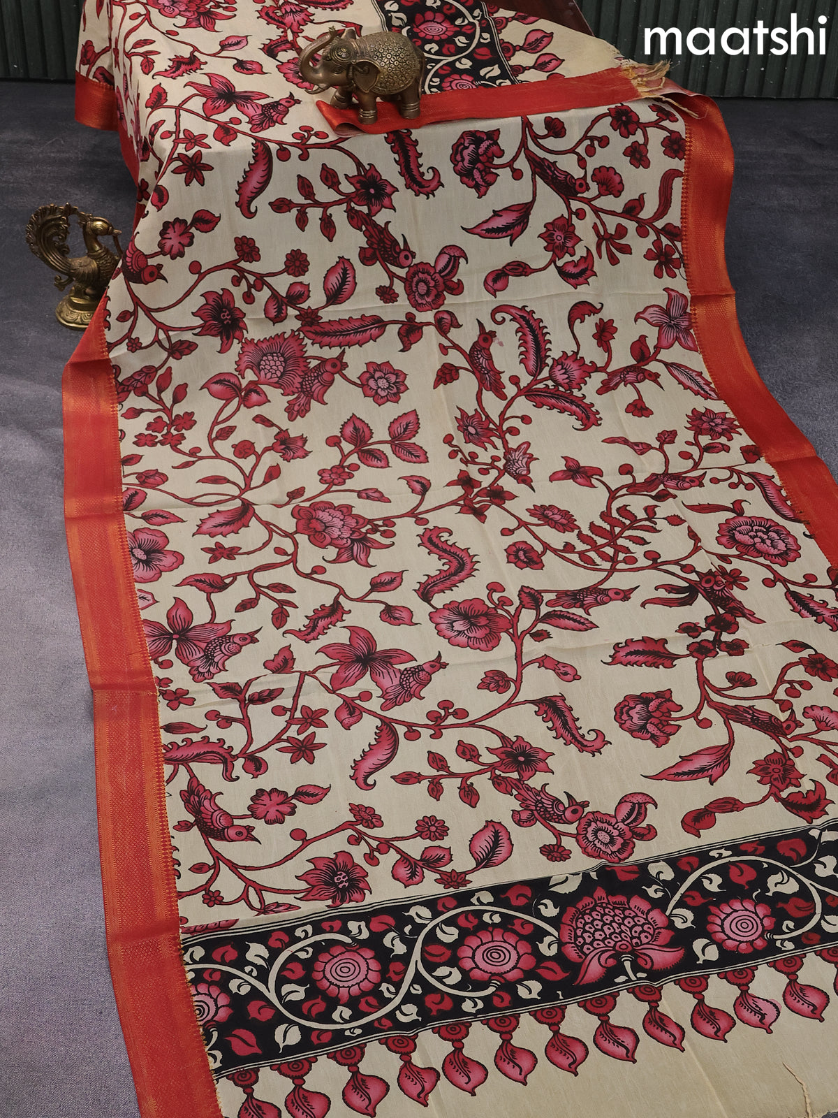 Silk pen kalamkari dupatta cream and red shade with allover kalamkari prints and zari border