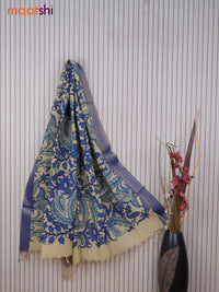 Silk pen kalamkari dupatta cream and blue with allover kalamkari prints and zari border