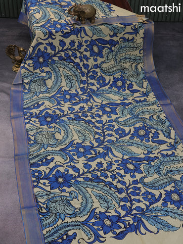 Silk pen kalamkari dupatta cream and blue with allover kalamkari prints and zari border