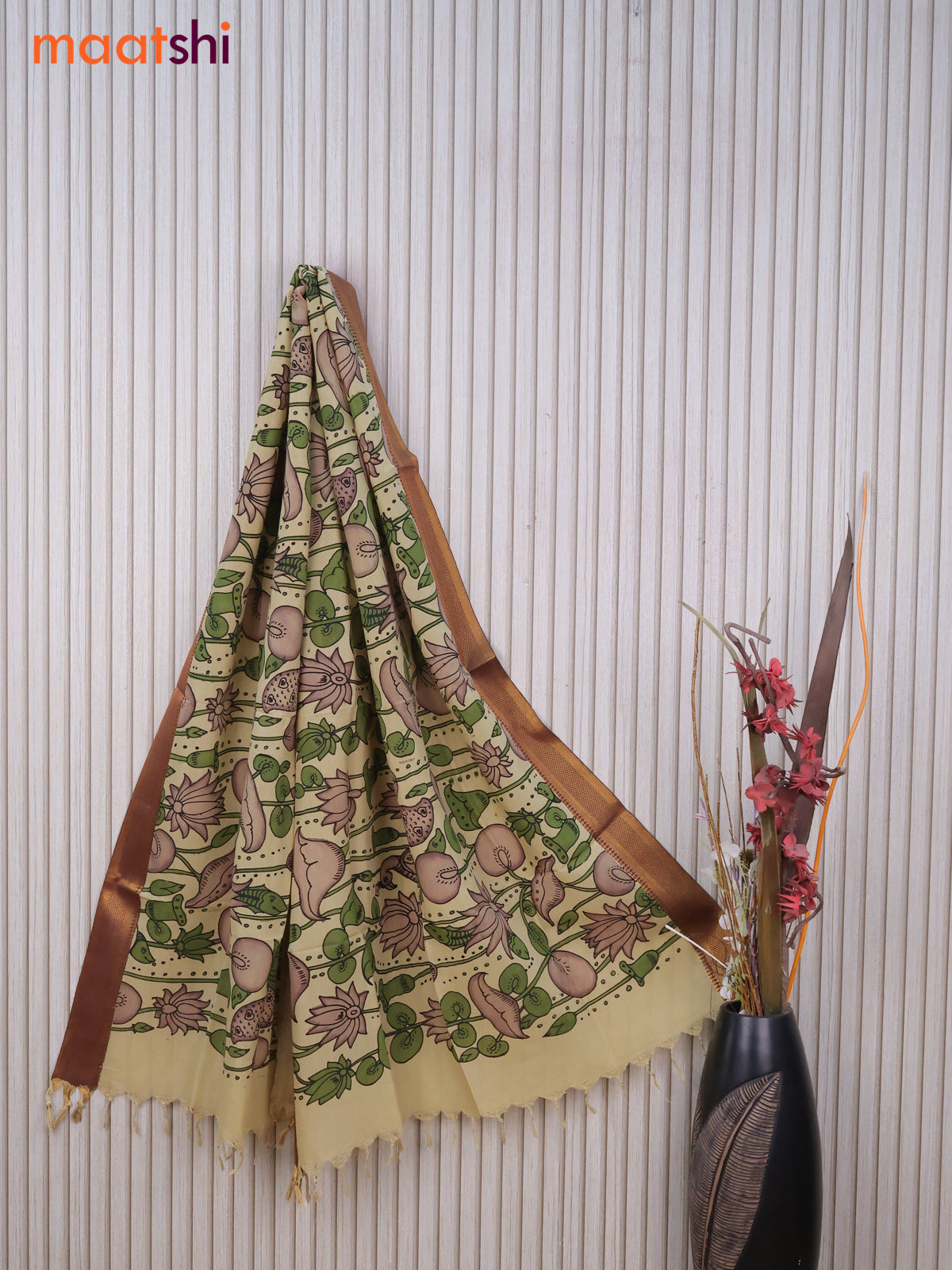 Silk pen kalamkari dupatta cream green and brown shade with allover kalamkari prints and zari border