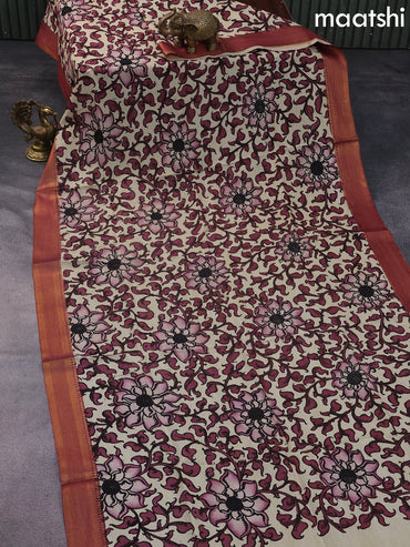 Silk pen kalamkari dupatta beige and maroon shade with allover kalamkari prints and zari border