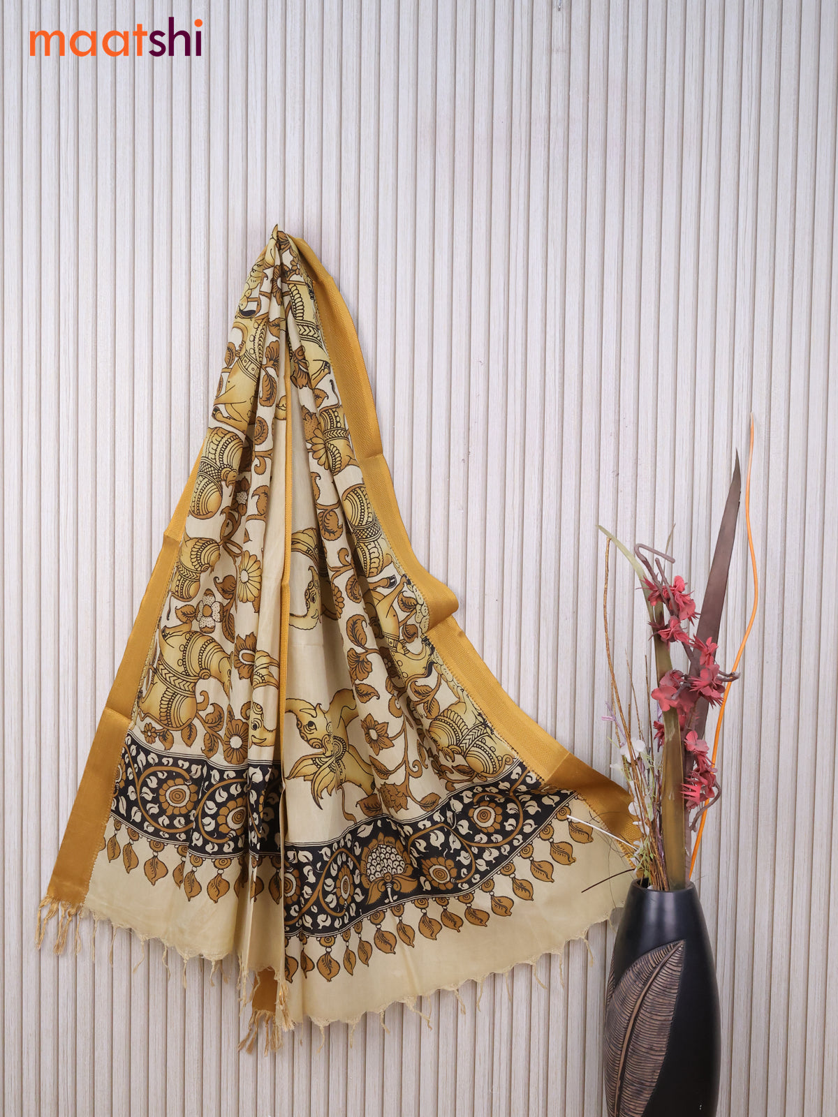 Silk pen kalamkari dupatta cream and mustard shade with allover kalamkari prints and zari border