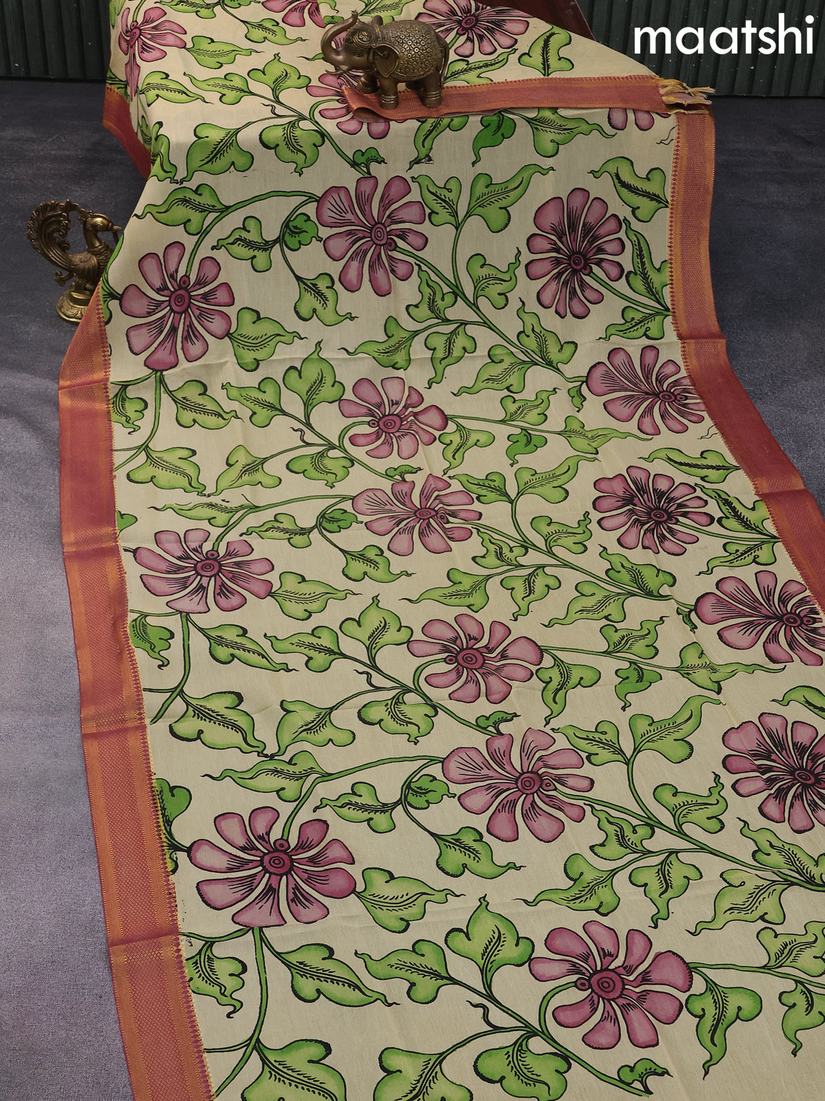 Silk pen kalamkari dupatta cream green and maroon shade with allover kalamkari prints and zari border