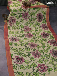 Silk pen kalamkari dupatta cream green and maroon shade with allover kalamkari prints and zari border