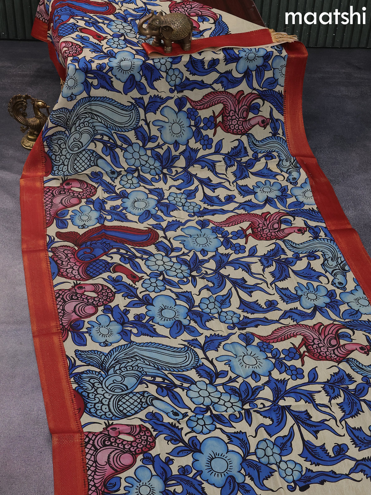 Silk pen kalamkari dupatta cream blue and maroon with allover kalamkari prints and zari border