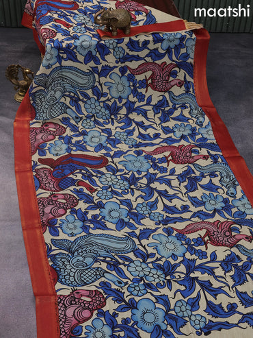 Silk pen kalamkari dupatta cream blue and maroon with allover kalamkari prints and zari border