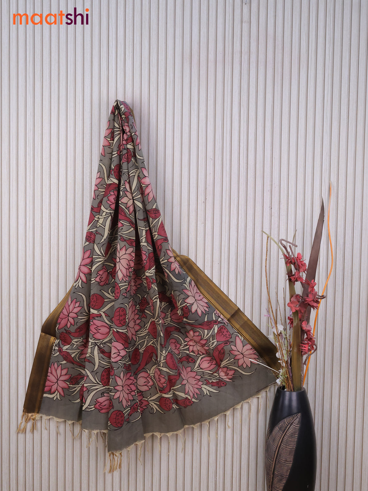 Silk pen kalamkari dupatta grey and maroon with allover kalamkari prints and zari border