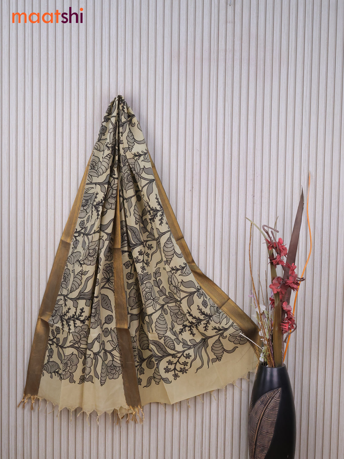 Silk pen kalamkari dupatta beige and grey with allover kalamkari prints and zari border