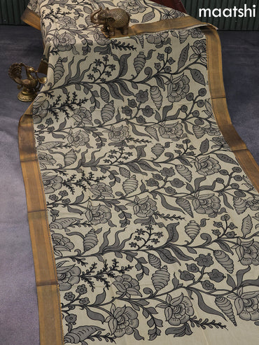 Silk pen kalamkari dupatta beige and grey with allover kalamkari prints and zari border