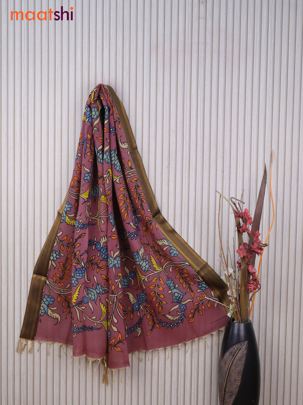 Silk pen kalamkari dupatta pastel pink shade and black with allover kalamkari prints and zari border