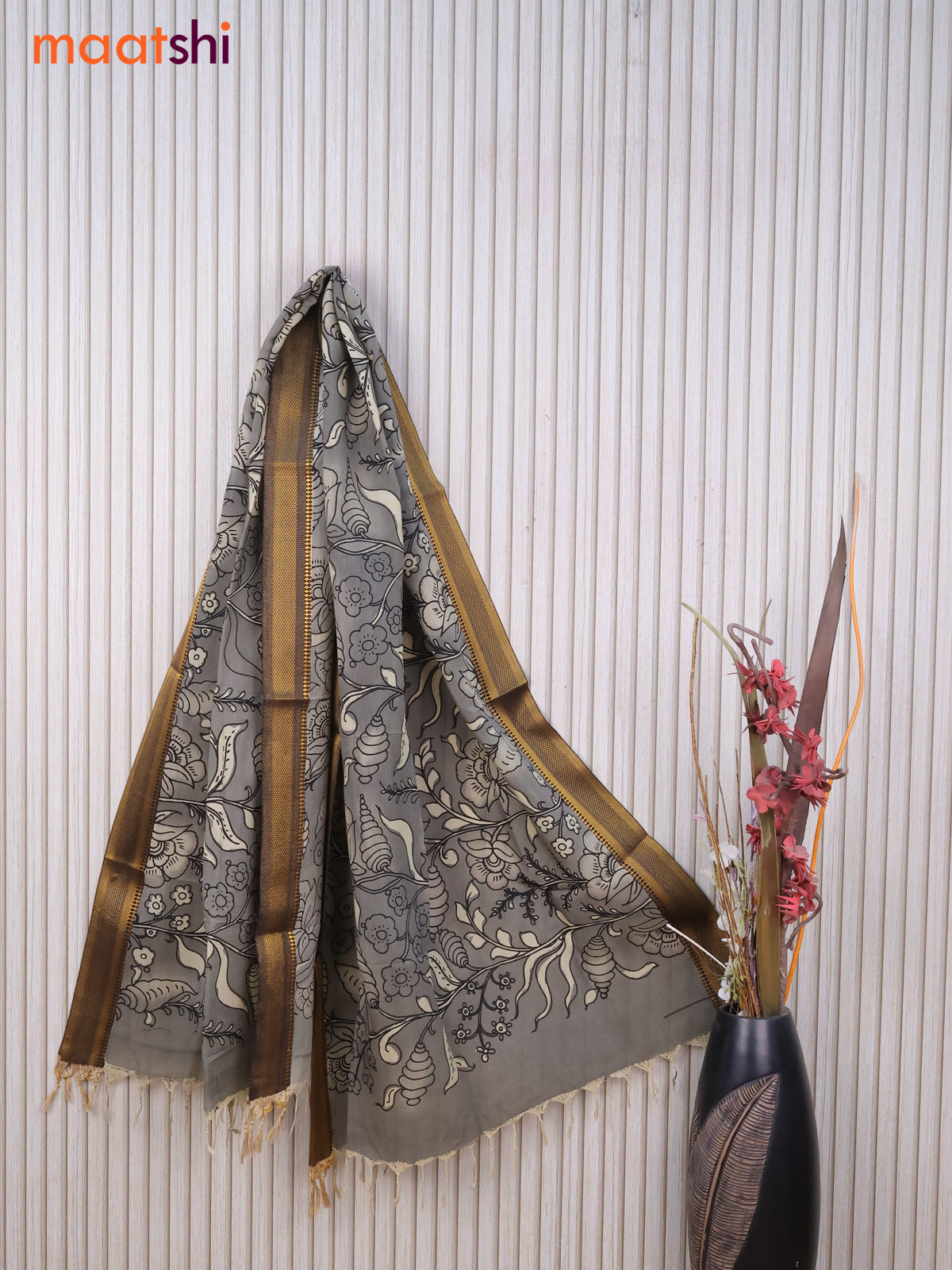 Silk pen kalamkari dupatta grey and black with allover kalamkari prints and zari border