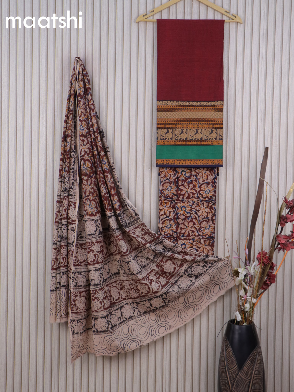 Cotton dress material maroon and beige with plain body & long thread woven border and kalamkari bottom & dupatta