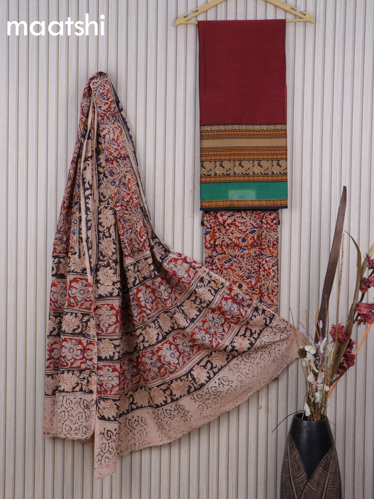 Cotton dress material maroon and beige maroon with plain body & long thread woven border and kalamkari bottom & dupatta