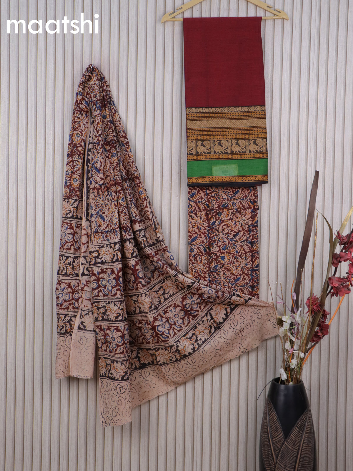 Cotton dress material maroon and beige with plain body & long thread woven border and kalamkari bottom & dupatta