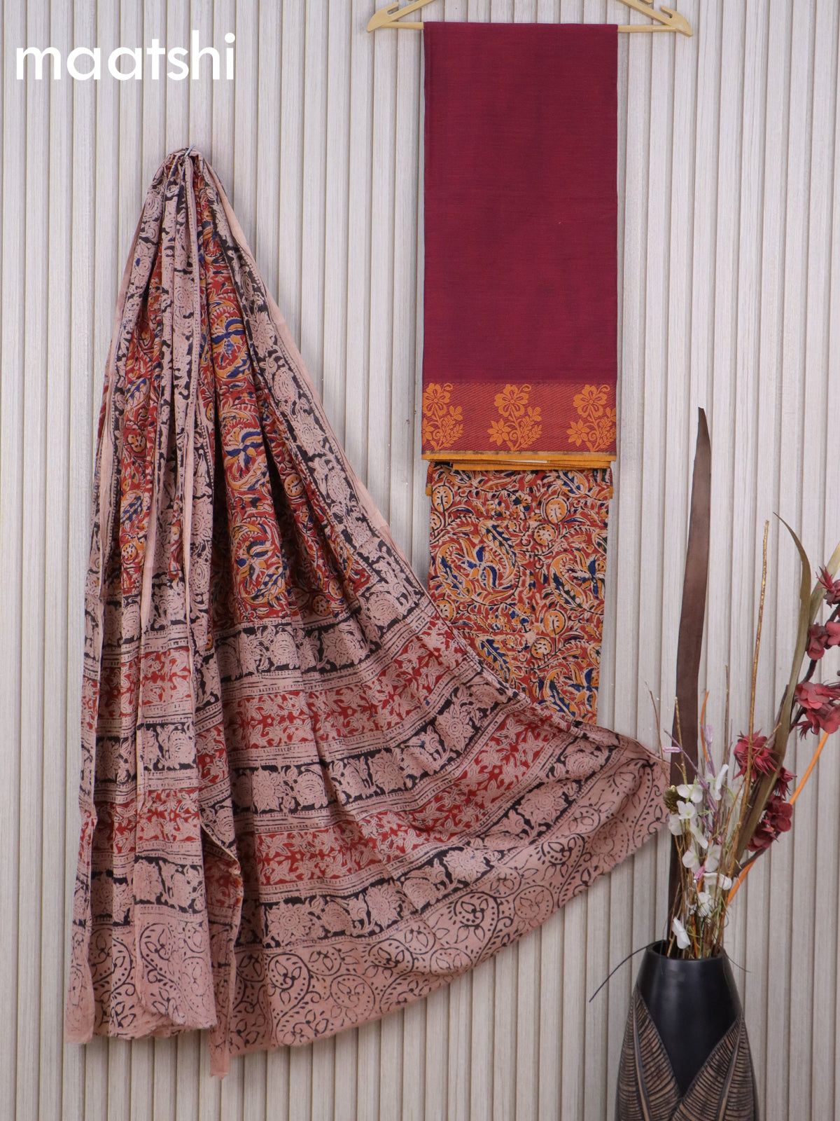 Cotton dress material maroon and rust shade with plain body & thread woven border and kalamkari bottom & dupatta